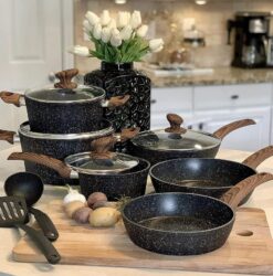 Kitchen Academy Induction Cookware Sets – 12 Piece Green Cooking Pan Set. Granite Nonstick Pots and Pans Set