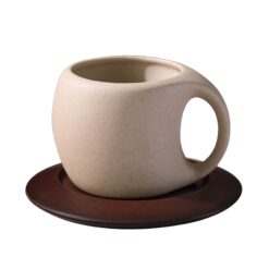 Kovat Wabi-Sabi Ceramic Coffee Mug Set with Natural Wooden Saucer and Gold Spoon – 220ml Matte Speckled Espresso Cappuccino Cup