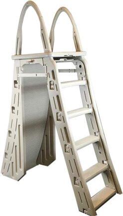 Confer Plastics 7200 Roll Guard 48 to 56 Adjustable A Frame Safety Ladder For Above Ground Outdoor Patio Swimming Pool Platform Ladder with Step Barrier. Warm Grey