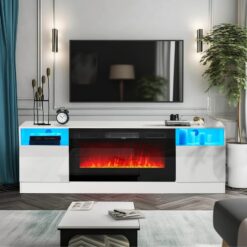 Oneinmil Fireplace TV Stand with 36 Electric Fireplace. LED Light Entertainment Center. Modern Wood. White