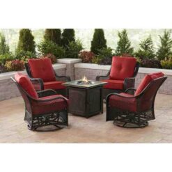 5-Piece Steel Patio Fire Pit Conversation Set with Navy Blue Cushions. Swivel Gliders and Square Fire Pit Table