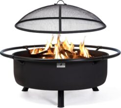 SUNCREAT 42 Patio Fire Pit Wood Burning with Mesh Spark Screen. Bonfire Outdoor firepit with Fireplace Poker. Black