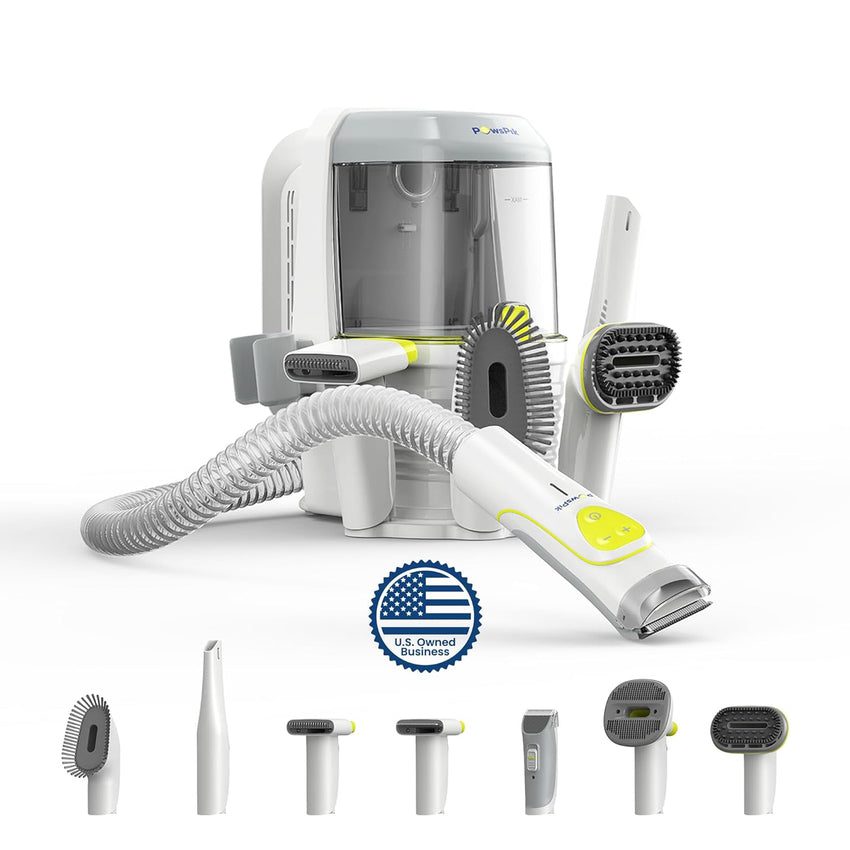 Professional Pet Grooming Vacuum Kit. Dogs & Cats. Direct Handheld Control. 7 Grooming Tools. 6 Suction Levels. Large 2.2L Dust Bin. UL. HEPA Filter