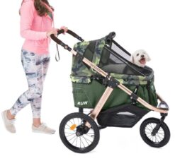Jogging Sports Stroller with Comfort Rubber Wheels/Zipper-Less Entry/1-Hand Quick Fold/Aluminum Frame for Small/Medium Dogs. Cats and Pets (Green Camo)