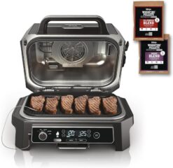7-in-1 Grill & Smoker with Thermometer. Air Fryer. BBQ. Bake. Roast. Broil – Portable Electric Outdoor Grill. Grey