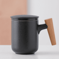 Kovat Minimalist Frosted Ceramic Tea Mug with Wood Handle. Infuser and Lid – 400ml Matte Porcelain Coffee Cup