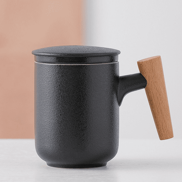 Kovat Minimalist Frosted Ceramic Tea Mug with Wood Handle. Infuser and Lid – 400ml Matte Porcelain Coffee Cup