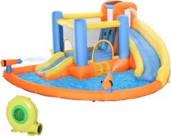 Kids Inflatable Water Slide 5-in-1 Bounce House Water Park Jumping Castle with Water Pool. Slide. Climbing Walls. & 2 Water Cannons. 450W Air Blower