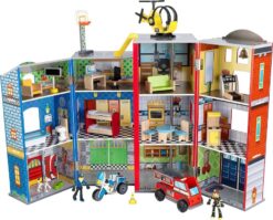 Wooden play set. 3 levels. with 26 accessories. folds for storage