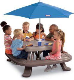 Picnic table with market umbrella. brown