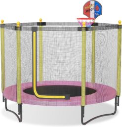 60 Kids Trampoline with Safety Enclosure Net. 5FT Toddler Indoor & Outdoor Trampoline/w Basketball Hoop – Parent-Child Interactive Game Fitness Trampoline Toy Gift for Boys and Girls Age 1-8