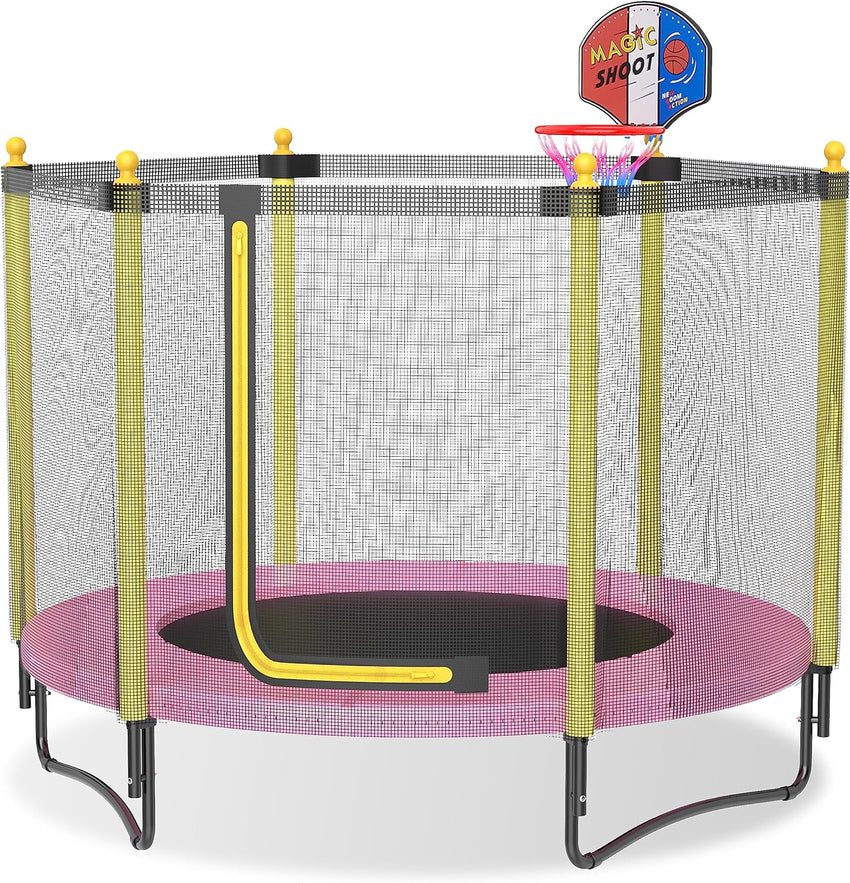 60 Kids Trampoline with Safety Enclosure Net. 5FT Toddler Indoor & Outdoor Trampoline/w Basketball Hoop – Parent-Child Interactive Game Fitness Trampoline Toy Gift for Boys and Girls Age 1-8
