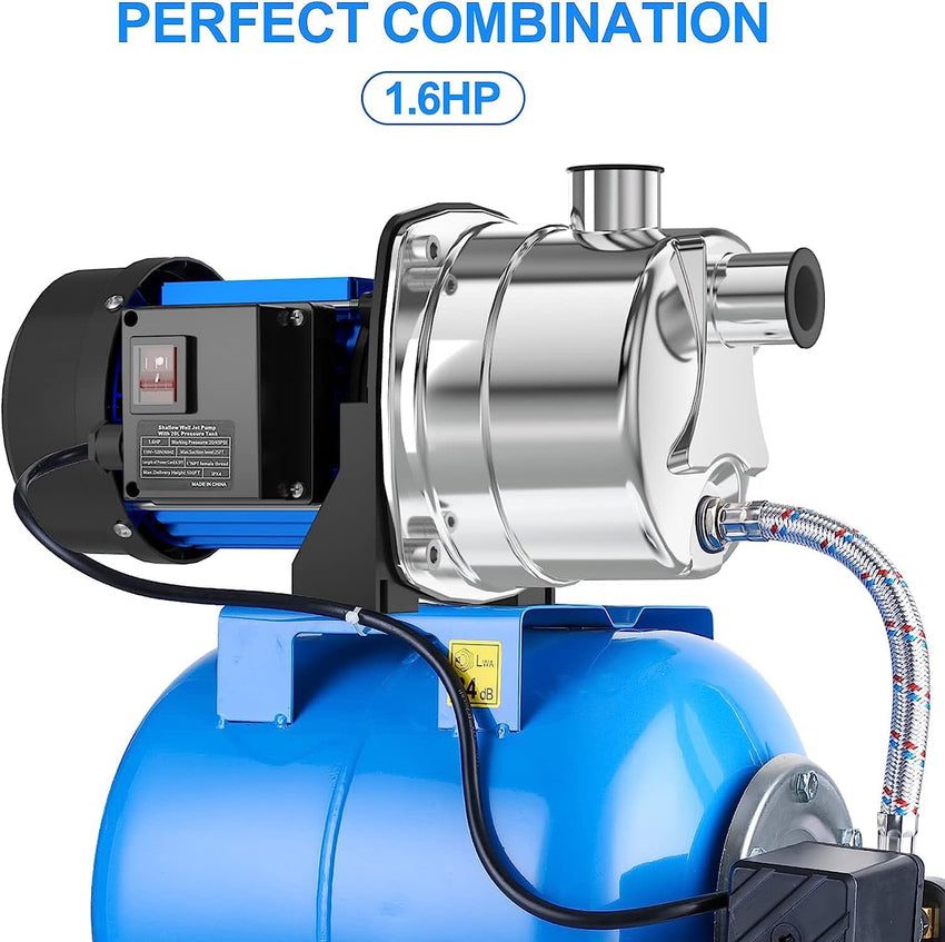 1.6HP Shallow Well Pump with Pressure Tank 1268 GPH Stainless Steel Jet Pump Transfer Drainage Booster Pump Garden Sprinkler System Water Pump for Home Garden Lawn Irrigation - Image 6