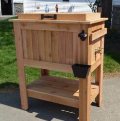 All Weather 48 Quart Antiqued Cedar Cooler Stand with Brass Drain. Bottle Opener and Cap Catcher. Beer Cooler.