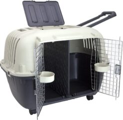 SportPet Designs Plastic Kennels Rolling Plastic Airline Approved Wire Door Travel Dog Crate. XXX-Large. Gray