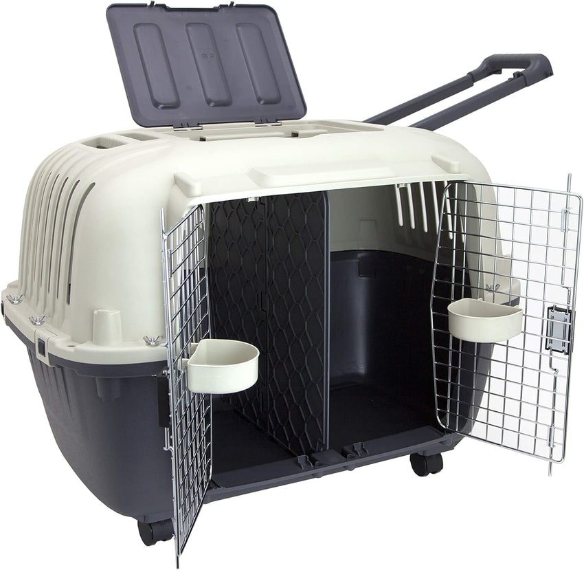 SportPet Designs Plastic Kennels Rolling Plastic Airline Approved Wire Door Travel Dog Crate. XXX-Large. Gray