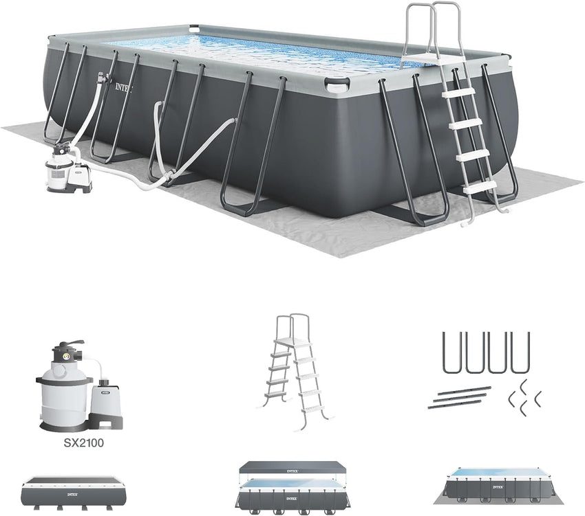 Rectangular Frame Above Ground Outdoor Swimming Pool Set with 1200 GPH Sand Filter Pump. Pool Cover and Ladder