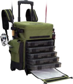 Elkton Outdoors Rolling Tackle Box with Wheels – Waterproof Rolling Fishing Backpack. 5 Removable Tackle Trays. 4 Rod Holders. Fishing Gifts for Men. Fish Tackle Bag. Roller Tackle Box