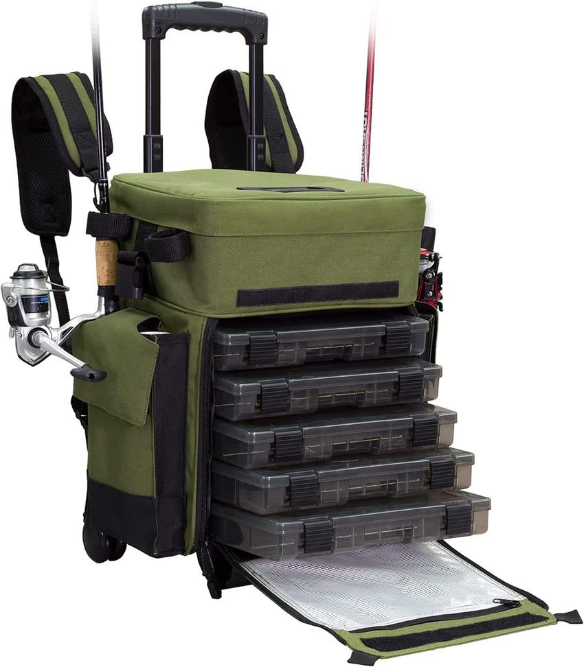 Elkton Outdoors Rolling Tackle Box with Wheels – Waterproof Rolling Fishing Backpack. 5 Removable Tackle Trays. 4 Rod Holders. Fishing Gifts for Men. Fish Tackle Bag. Roller Tackle Box