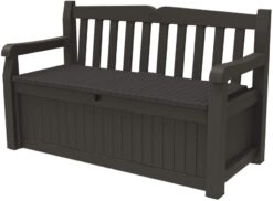 Keter Solana 70 Gallon Storage Bench Deck Box for Patio Furniture. Front Porch Decor and Outdoor Seating – Perfect to Store Garden Tools and Pool Toys. Brown