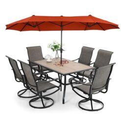 8 Pieces Patio Dining Set with Umbrella.Outdoor Furniture Set with 6 Sling Dining Swivel Chairs