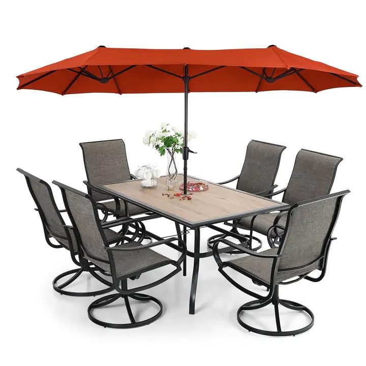8 Pieces Patio Dining Set with Umbrella.Outdoor Furniture Set with 6 Sling Dining Swivel Chairs