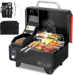 Portable Wood Pellet Grill and Smoker.Electric Outdoor 8 in 1 Tabletop Grills for RV Camping Tailgating RV Cooking BBQ. Intelligent Temperature Control and Superheated Steam Technology