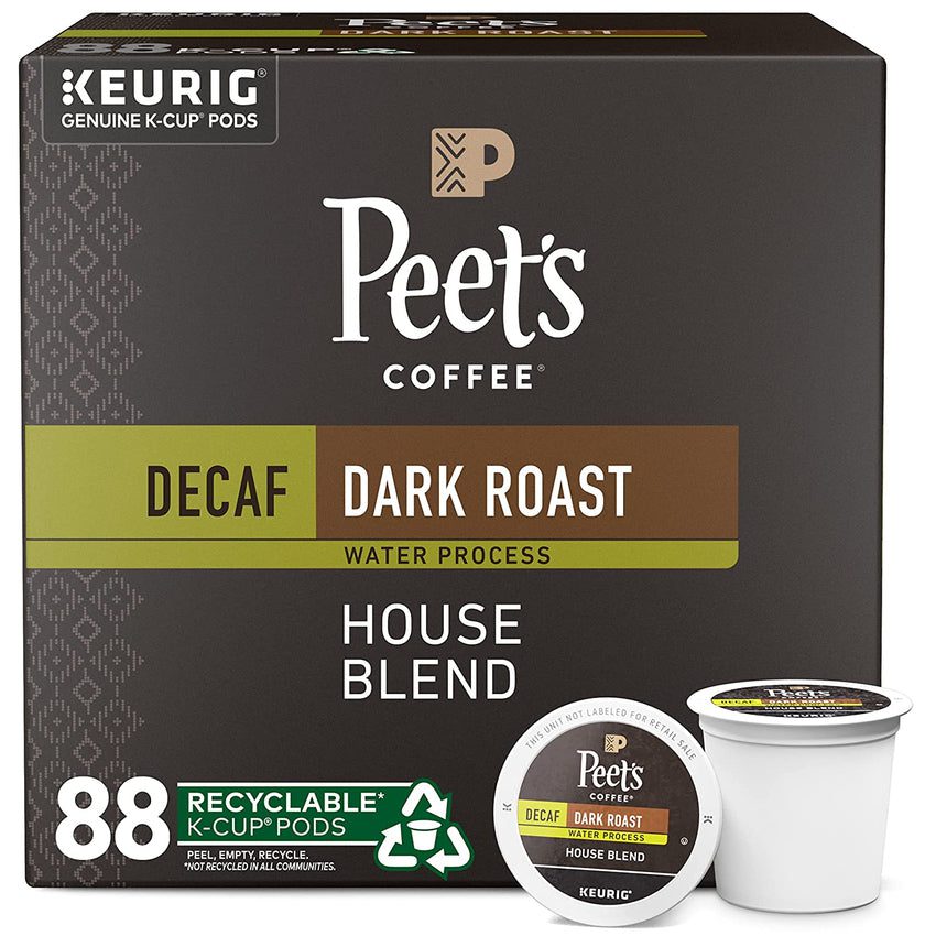 Peet’s Coffee Dark Roast Decaffeinated Coffee Decaf House Blend 88 Count (4 Boxes of 22 K-Cup Pods)