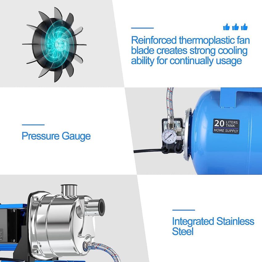 1.6HP Shallow Well Pump with Pressure Tank 1268 GPH Stainless Steel Jet Pump Transfer Drainage Booster Pump Garden Sprinkler System Water Pump for Home Garden Lawn Irrigation - Image 3