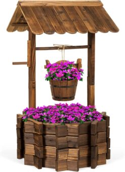 Best Choice Products Rustic Wooden Wishing Well Planter Outdoor Home Décor for Patio. Garden. Yard w/Hanging Bucket
