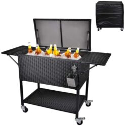 80 Quart Rattan Rolling Cooler Cart. Portable Wicker Cooler Trolley. Backyard Party Drink Beverage Bar