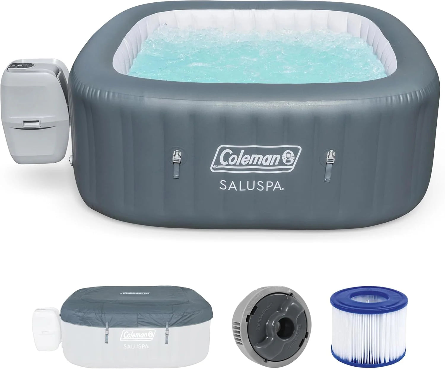 4 to 6 Person Inflatable Hot Tub Square Portable Outdoor Spa with 114 Soothing AirJets and Insulated Cover, Gray-Coleman - Image 3