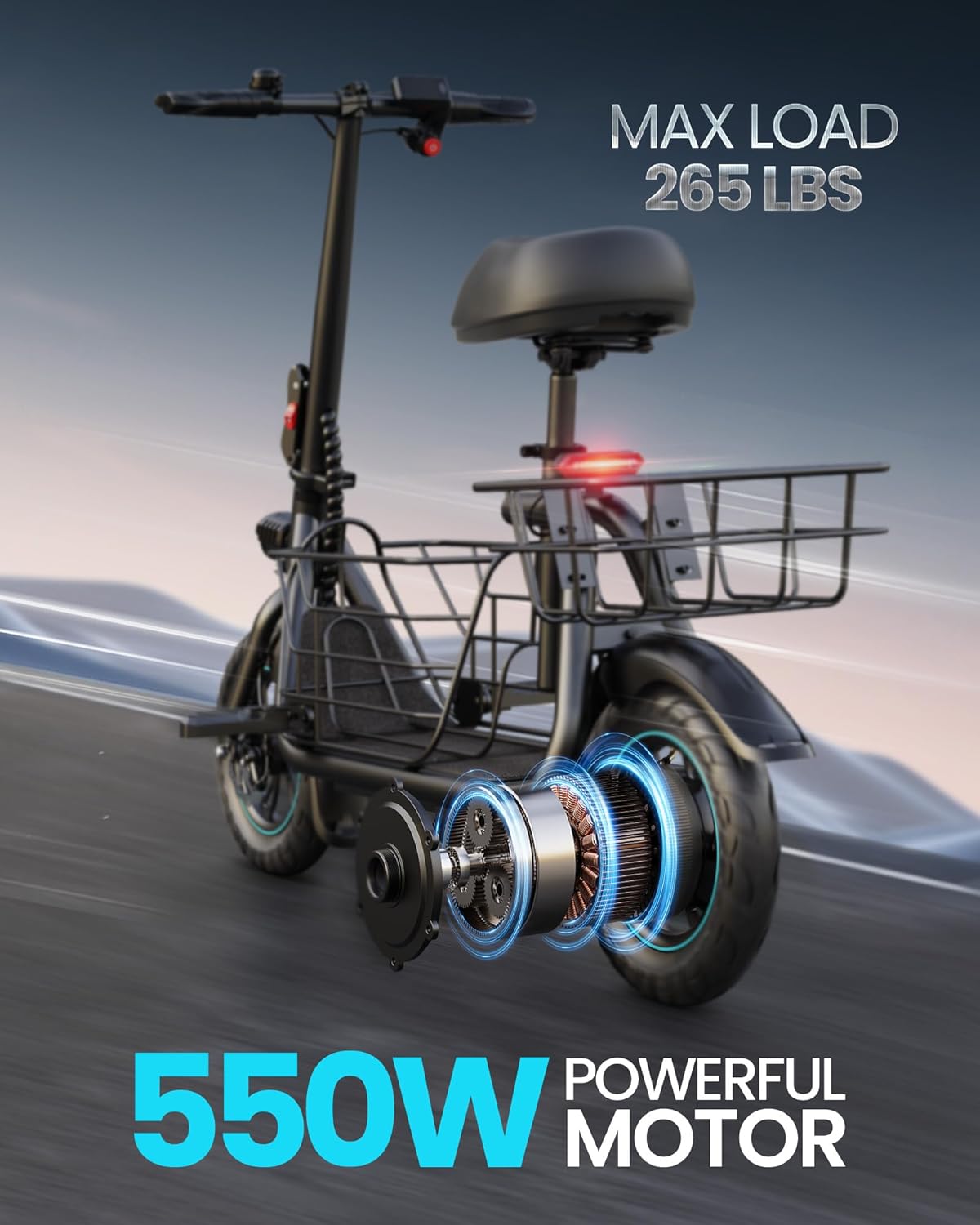 Gyroor Electric Scooter with Basket & Seat, 550W, 20 Mile Range - Image 4