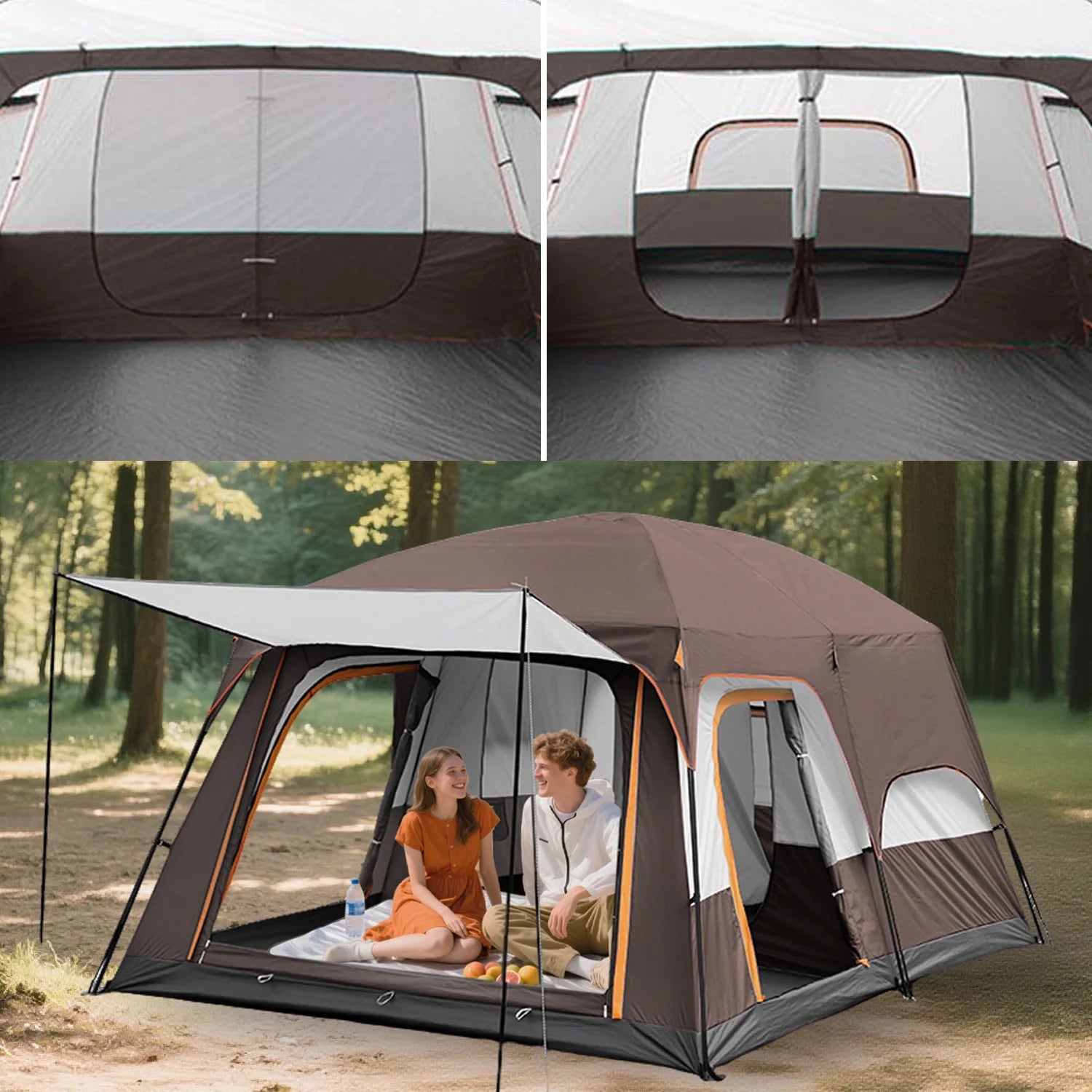 KFeng 12 Person Tents for Camping - 2Rooms 3Doors&3Windows Mesh,Suitable for Outdoor/Picnic,Brown - Image 8