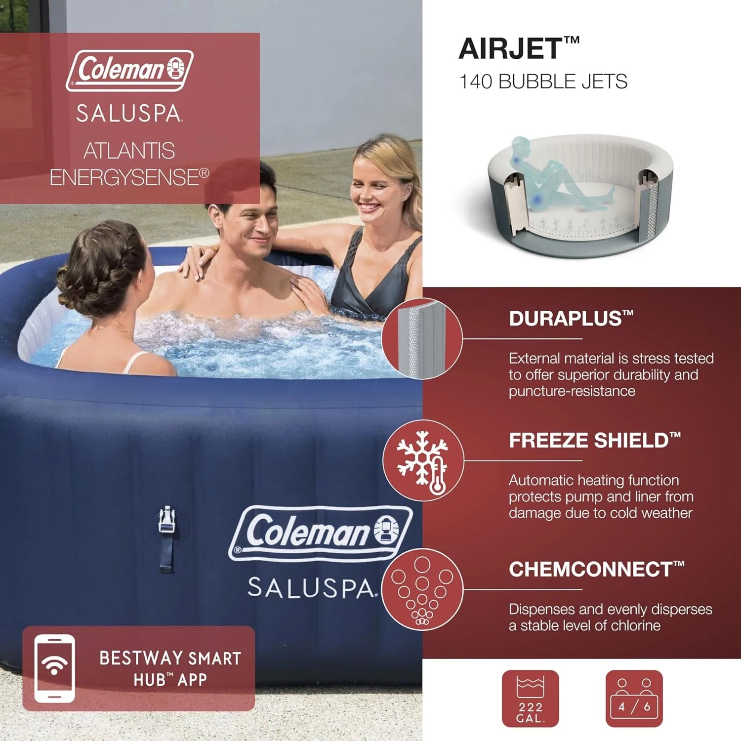 4 to 6 Person Inflatable Hot Tub Square Portable Outdoor Spa with 114 Soothing AirJets and Insulated Cover, Gray-Coleman - Image 13