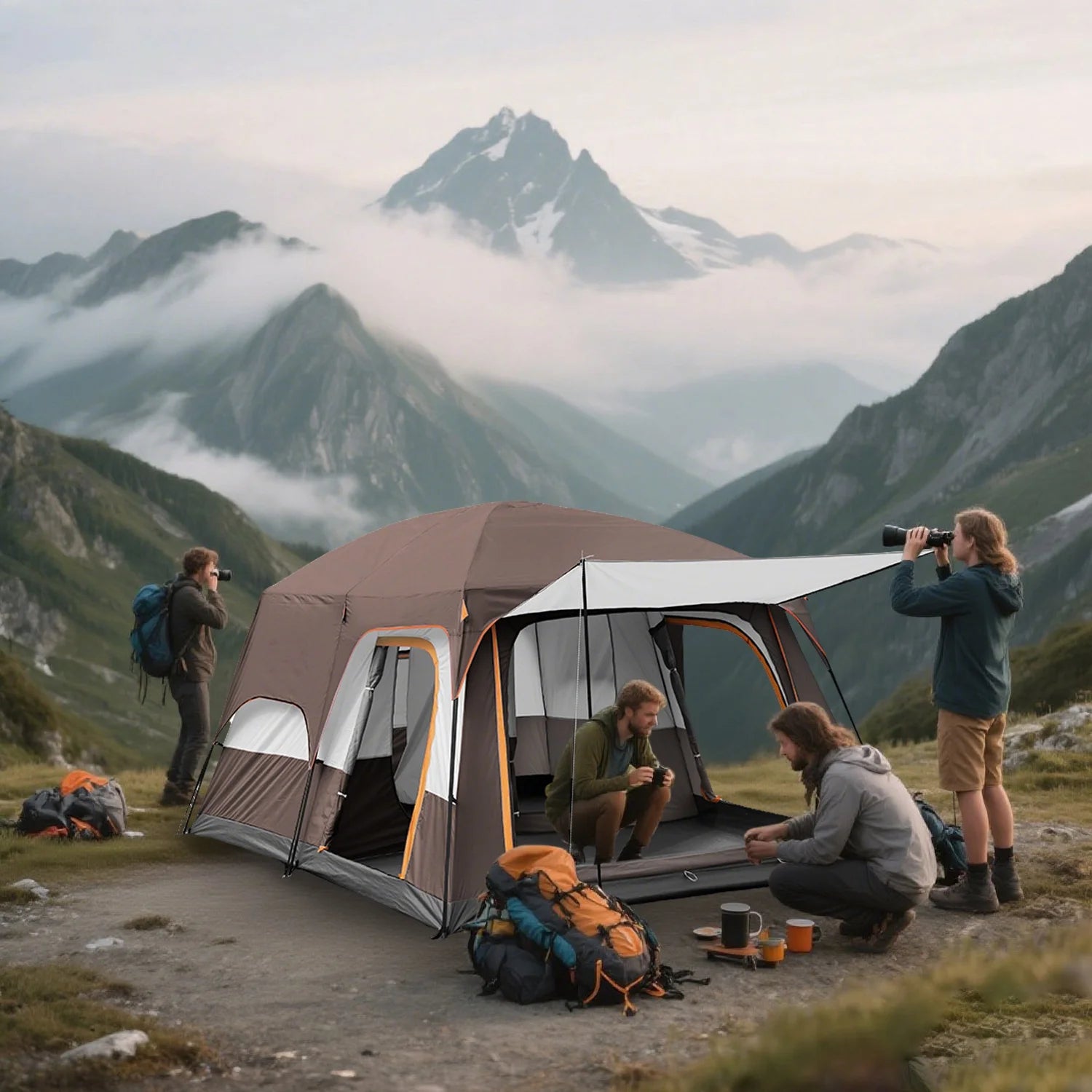 KFeng 12 Person Tents for Camping - 2Rooms 3Doors&3Windows Mesh,Suitable for Outdoor/Picnic,Brown - Image 6