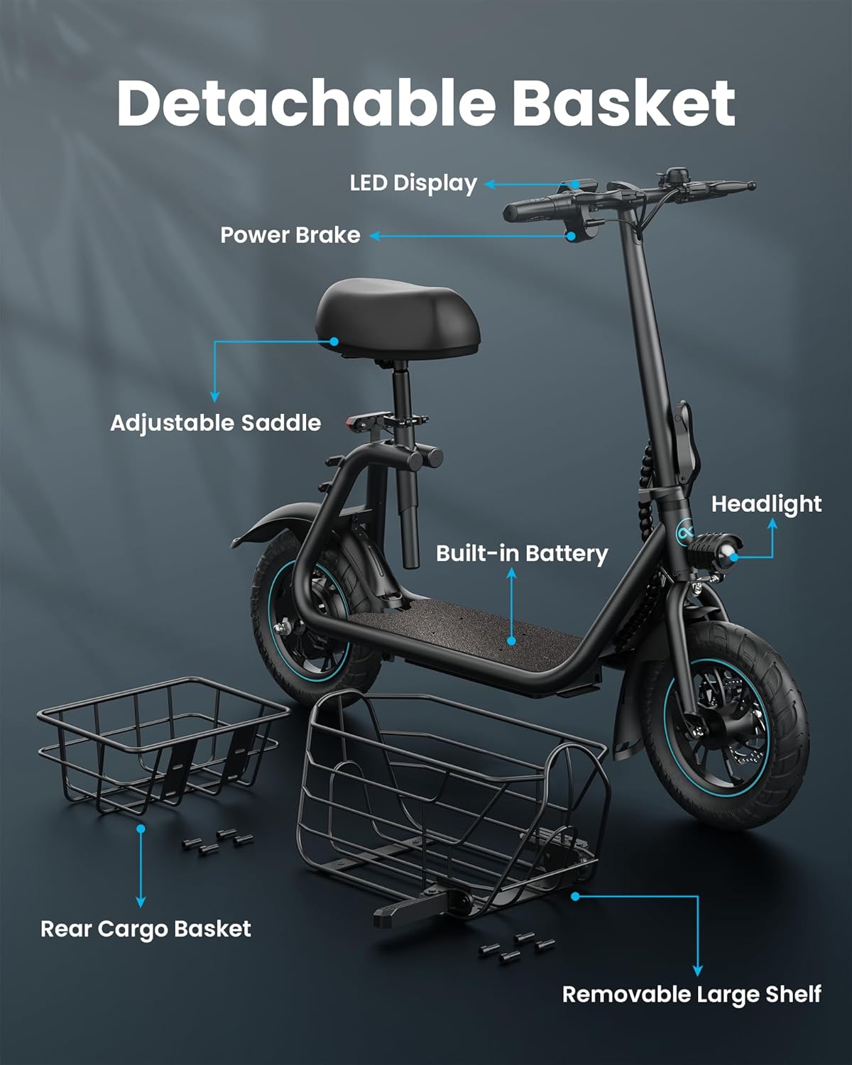 Gyroor Electric Scooter with Basket & Seat, 550W, 20 Mile Range - Image 3