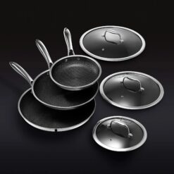 Alternative view of HexClad 6 Piece Hybrid Stainless Steel Cookware Pan Set 8 inch 10 inch 12 inch with Glass Lids Size: One size Black