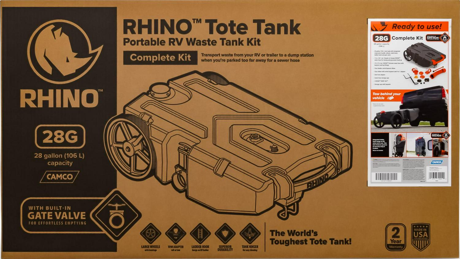 Camco Rhino Heavy Duty 28 Gallon Portable RV Waste Holding Tank with Hose and Accessories Durable Leak Free and Odorless RV Tote Tank (39004) - Image 3