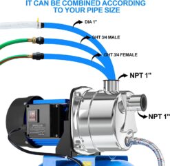 Alternative view of 1.6HP Shallow Well Pump with Pressure Tank 1268 GPH Stainless Steel Jet Pump Transfer Drainage Booster Pump Garden Sprinkler System Water Pump for Home Garden Lawn Irrigation