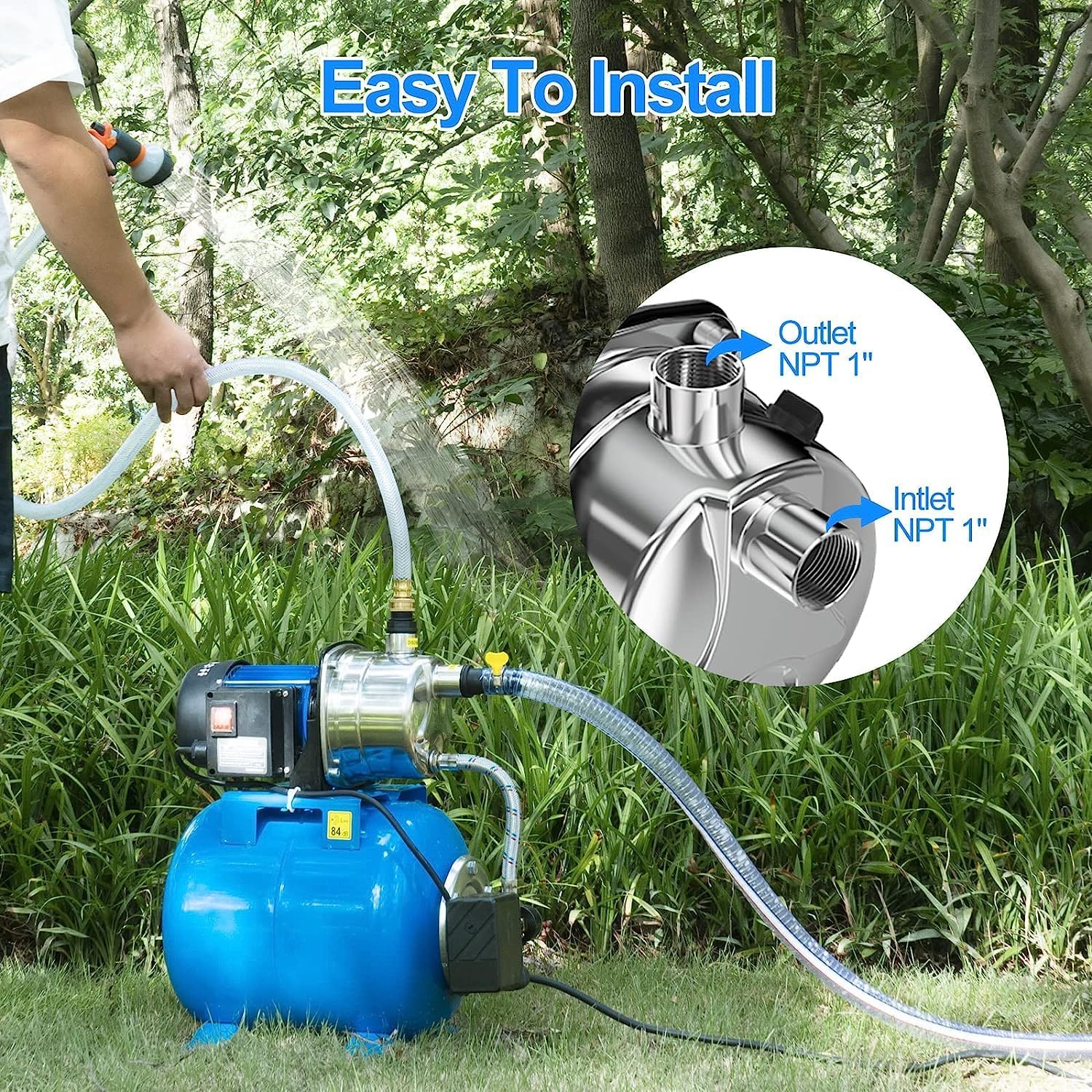 1.6HP Shallow Well Pump with Pressure Tank 1268 GPH Stainless Steel Jet Pump Transfer Drainage Booster Pump Garden Sprinkler System Water Pump for Home Garden Lawn Irrigation - Image 7