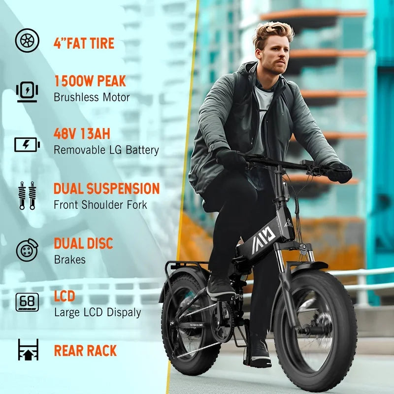 TST Electric Bike 4.0 Fat Tire Foldable Ebike 48V 13Ah Battery 750W Electric Commuter Bicycle with LCD 20" One-Step Folding Electric City Bike for Men Women Black - Image 7