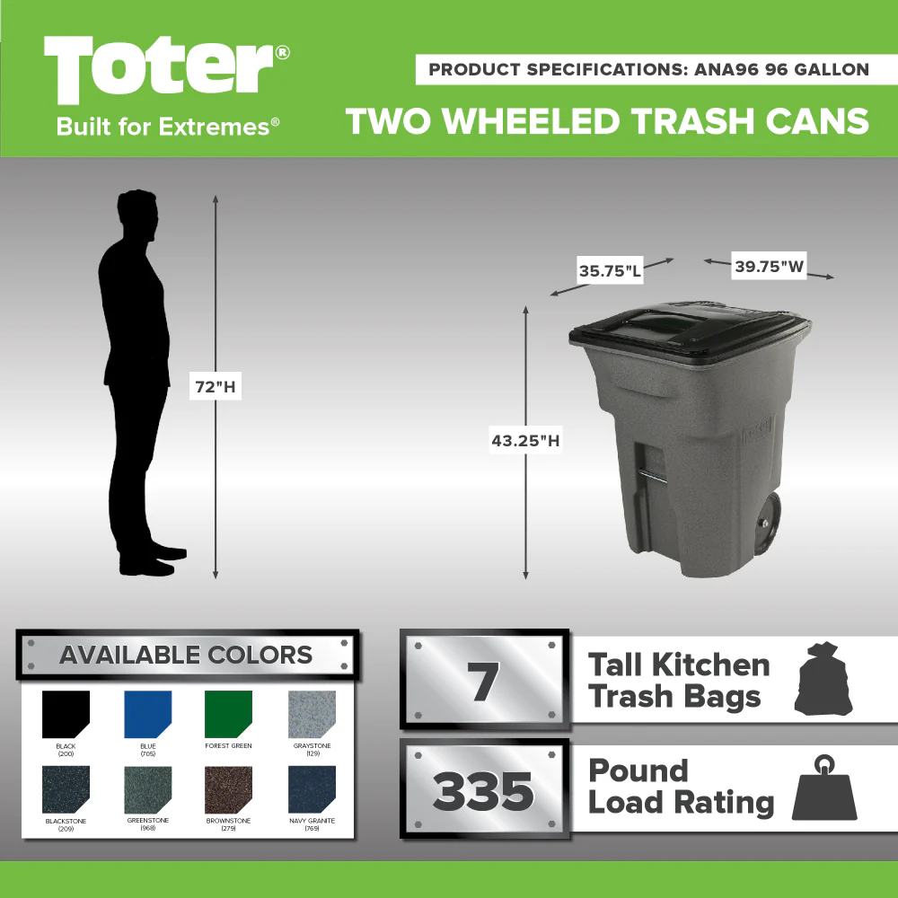 Toter 96 Gallon Trash Can with Smooth Wheels and Lid ; - Image 2