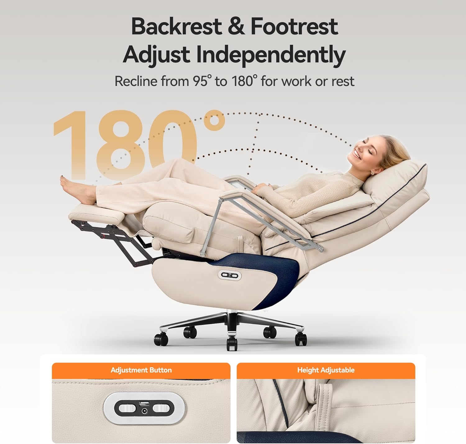 M80 Dual Motor Executive Office Chair with Footrest, Big & Tall, 420lbs, Beige - Image 4