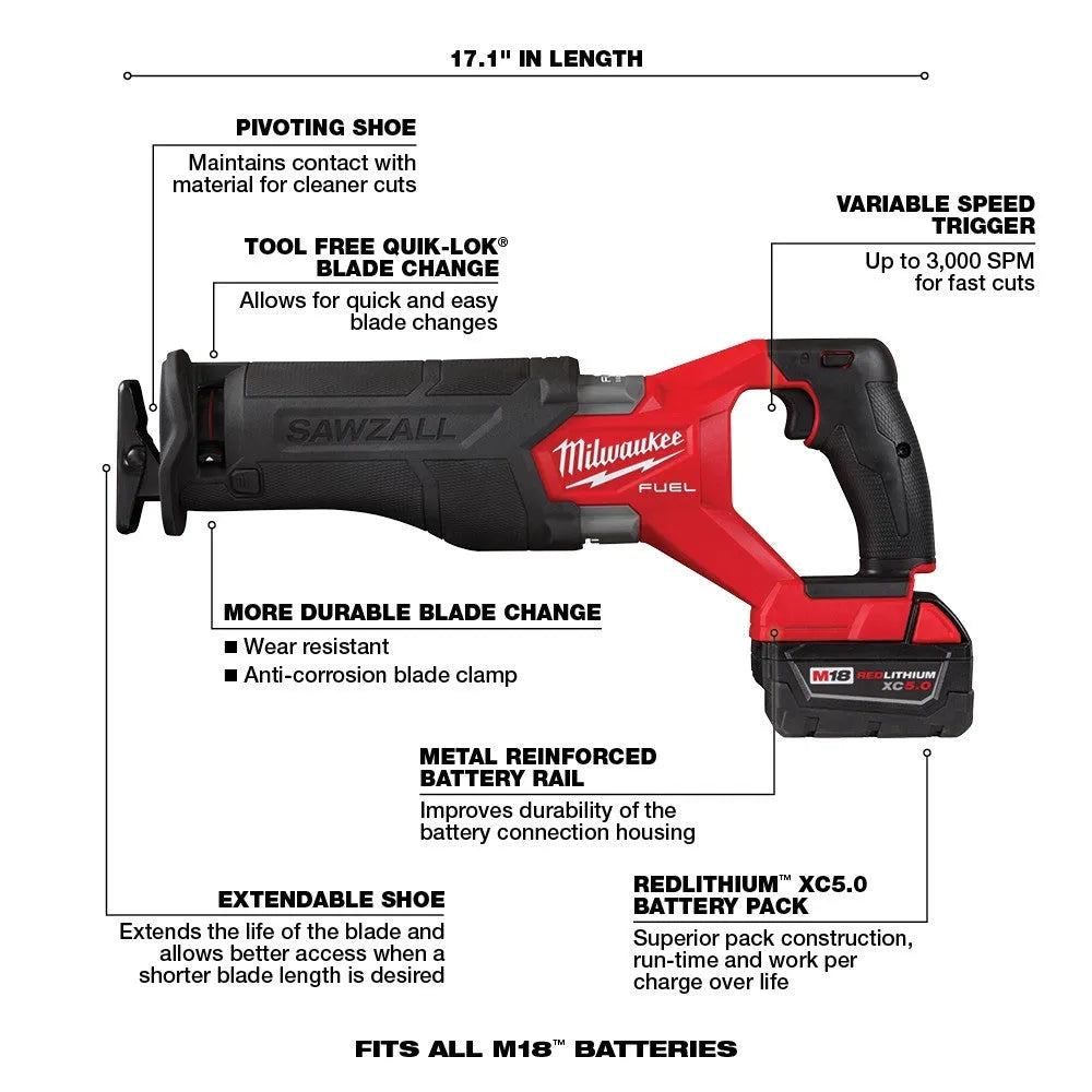 18V M18 FUEL Lithium Ion Brushless Cordless 7 Tool Combo Kit 5.0 Ah - Image 6