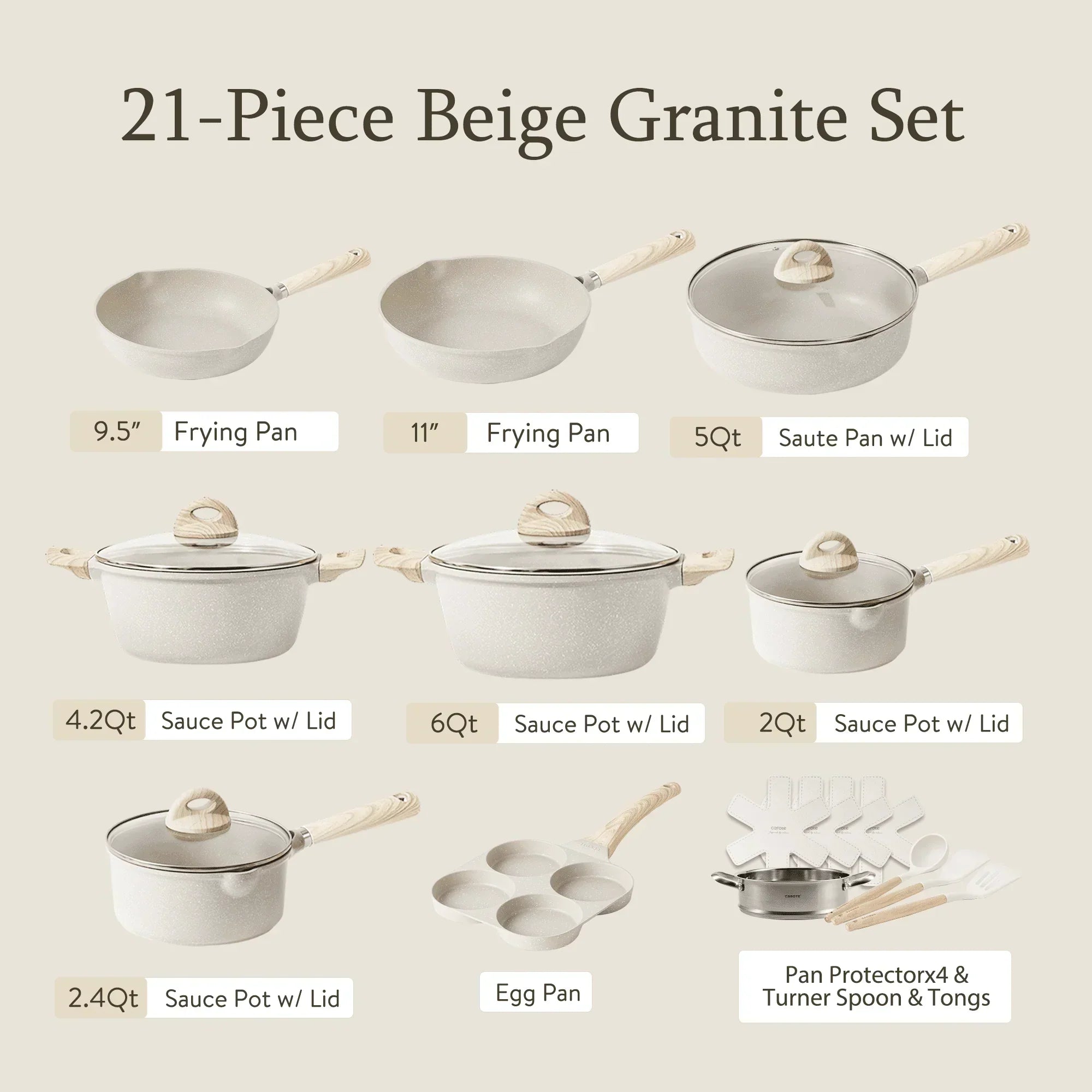 Non Stick Pots and Pans Set, 21 Pcs Induction Kitchen Cookware Sets (Beige Granite) - Image 2