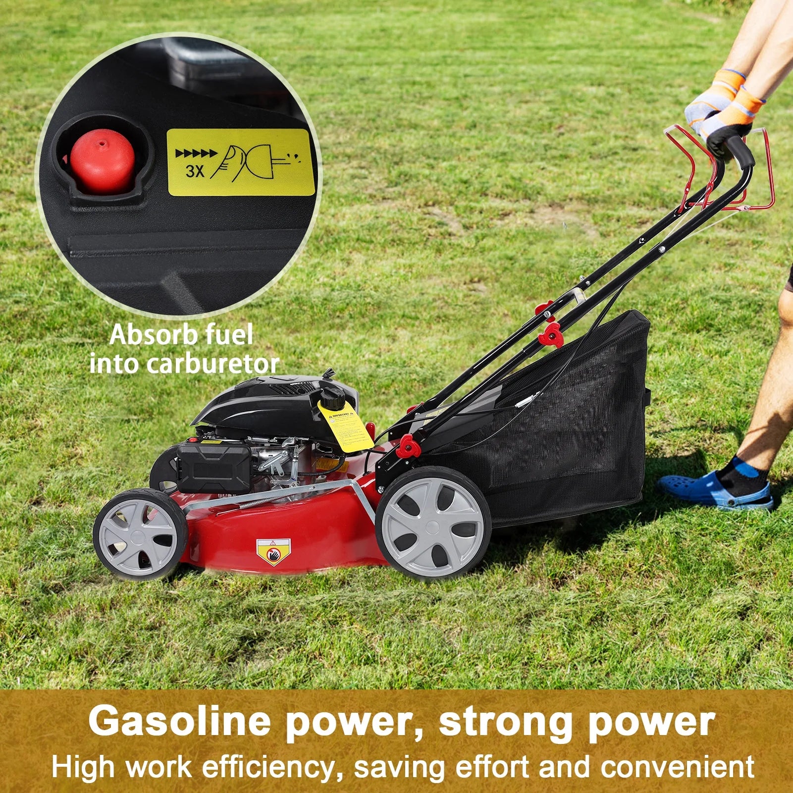 Lawn Mower, Self Propelled Lawn Mower, 141cc Gas Engine Lawn Mower, Push Lawn Mower with 50L Grass Tank, Big Wheels - Image 4