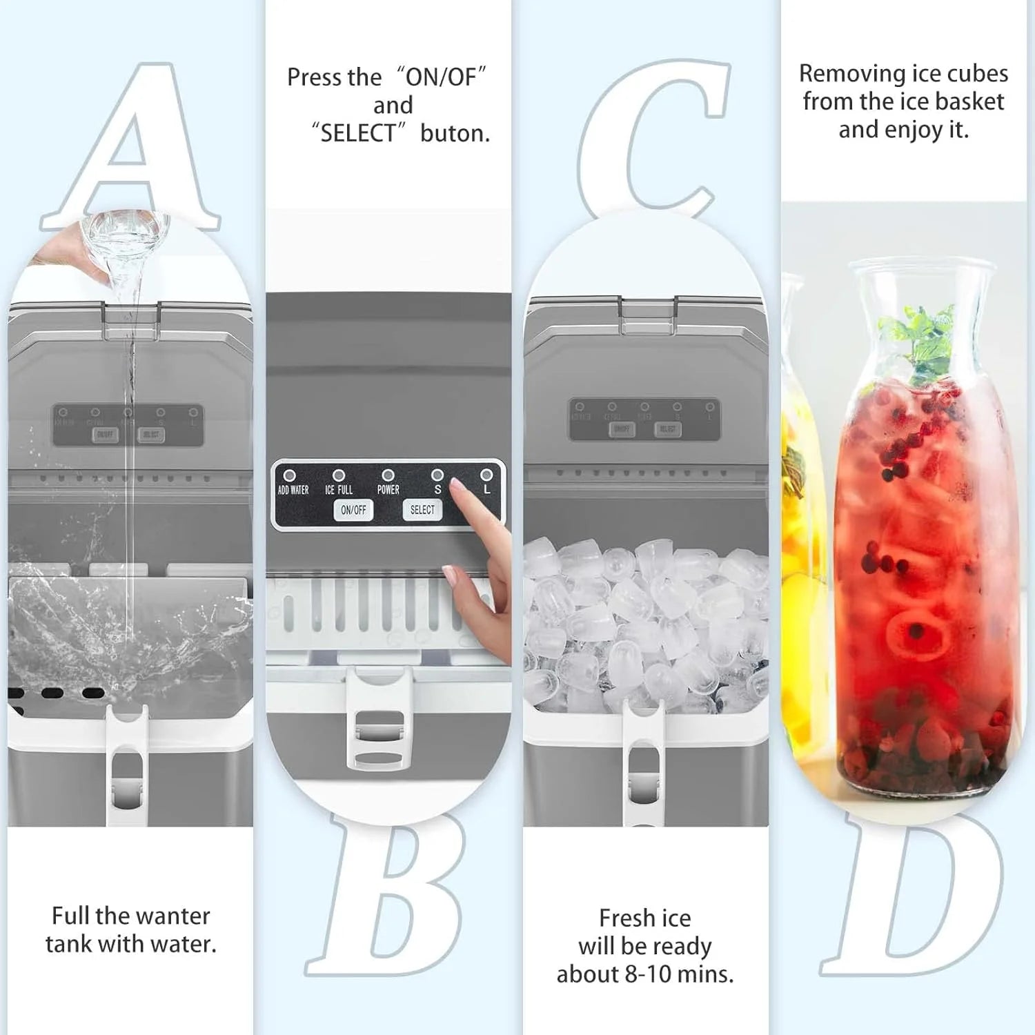 Countertop Ice MakerPortable Ice Machine with Carry HandleSelf-CleaningBasket and Scoop9 Cubes in 6 Mins26.5lbs/24Hrs2 Sizes of Bullet Icefor HomeKitchenPartyGrey - Image 7