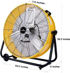 Alternative view of Tornado 24 Inch Grade UL Listed High Velocity Movement Heavy Duty Drum 3 Speed Air Circulator Fan 7800 CFM-Industrial, Commercial, Residential, and Greenhouse Use, Yellow