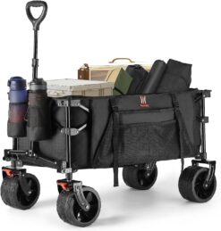 Navatiee Collapsible Folding Wagon Beach Wagon Cart Heavy Duty Foldable with Big Wheels Utility Grocery Wagon with Side Pocket and Brakes for Camping Garden Sports T1